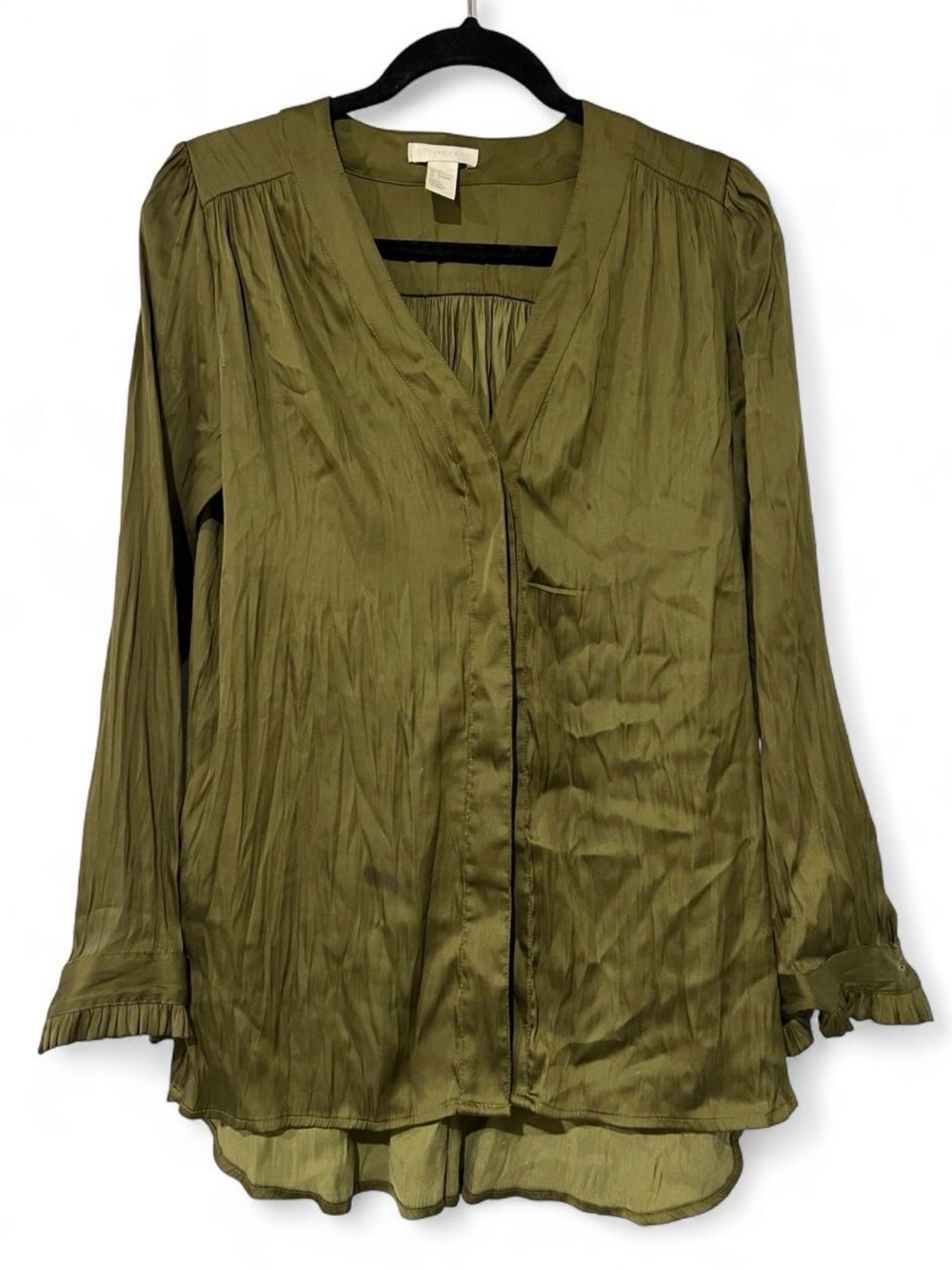 H&M Conscious Olive Green Satin V-Neck Pleated Blouse Tunic Top US 4